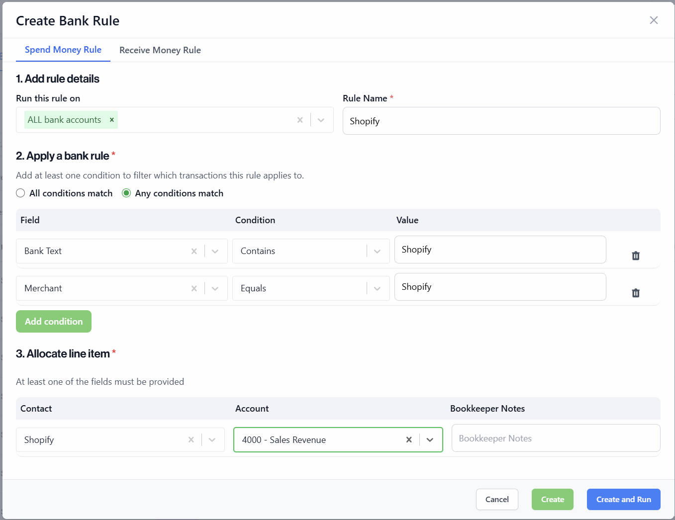 Create a bank rule with conditions and account allocation